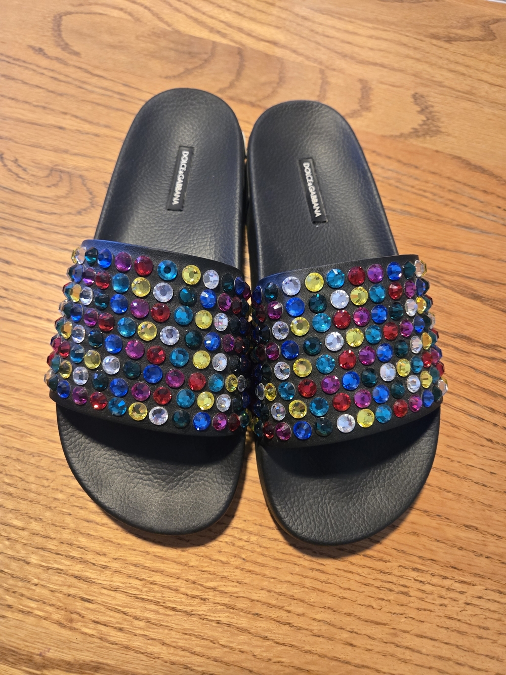 Dolce & Gabbana Black Slide Sandals with Multicolor Crystal Embellishments